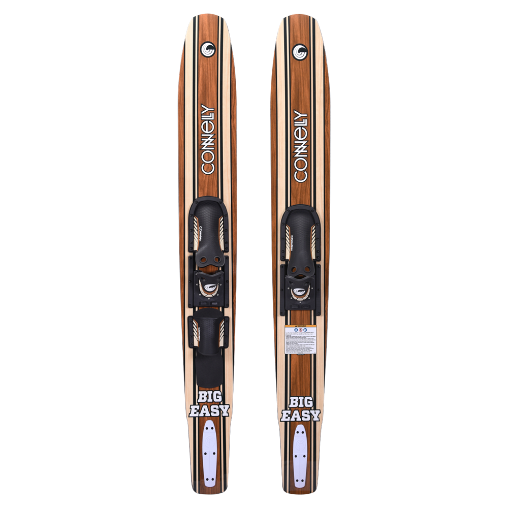 Two wooden look water skis with bindings branded 'Connelly'.