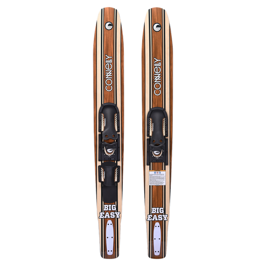 Two wooden look water skis with bindings branded 'Connelly'.