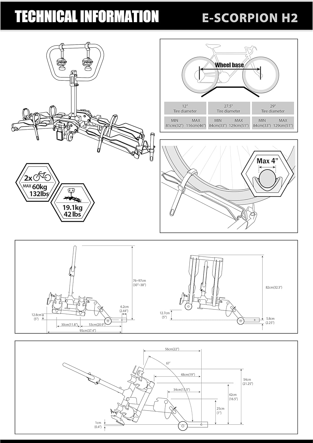 E-Scorpion H2 bike rack dimensions