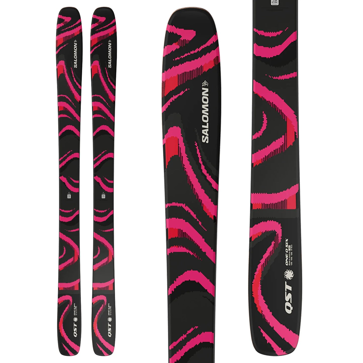 Salomon ski with pink and black pattern on a white background