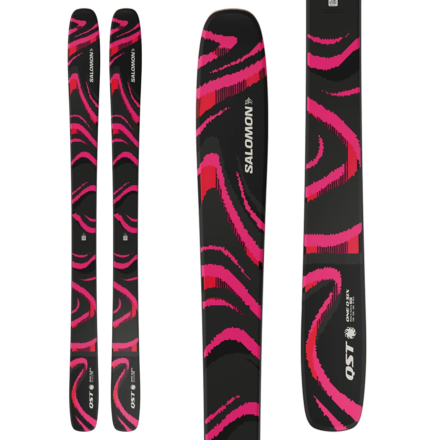 Salomon ski with pink and black pattern on a white background