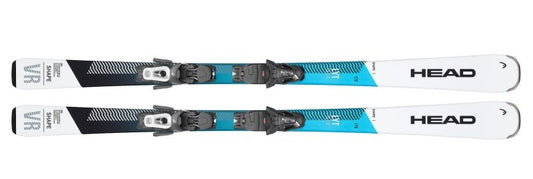 Pair of white and blue Head skis with bindings