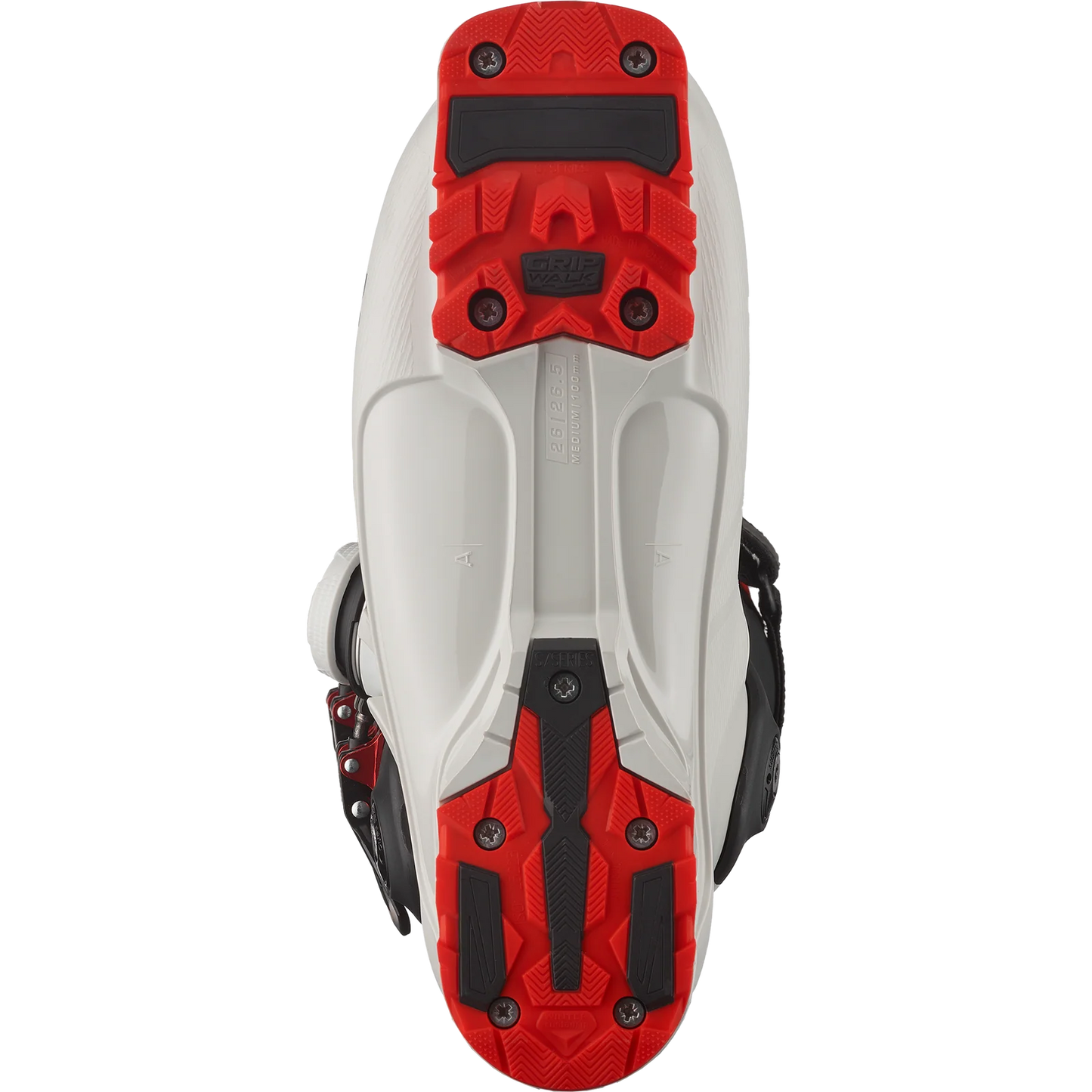 Close-up of Salomon Boa ski boots Grip Walk sole on a white background