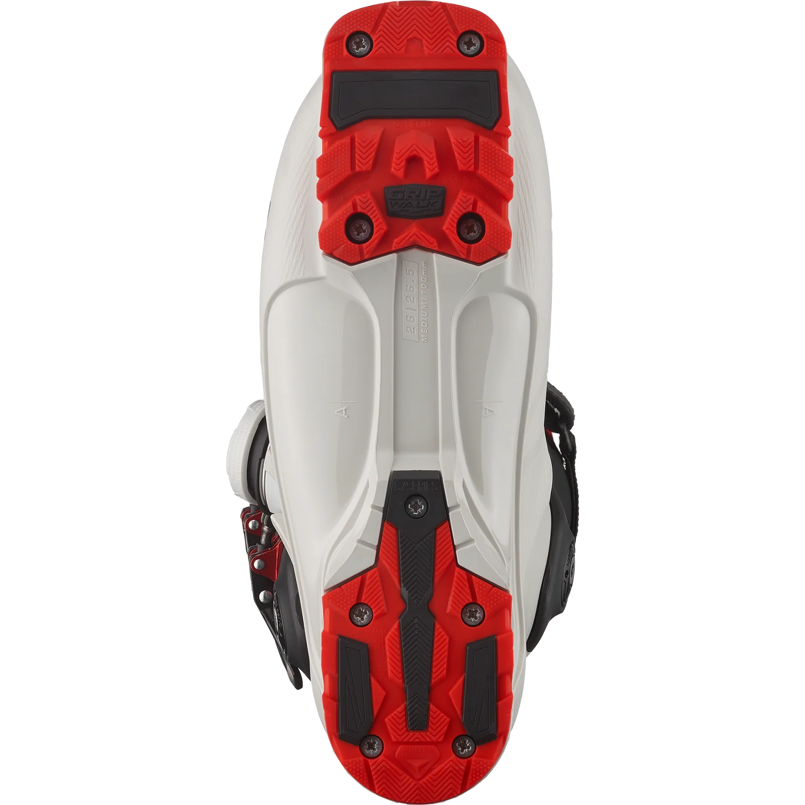 Close-up of Salomon Boa ski boots Grip Walk sole on a white background