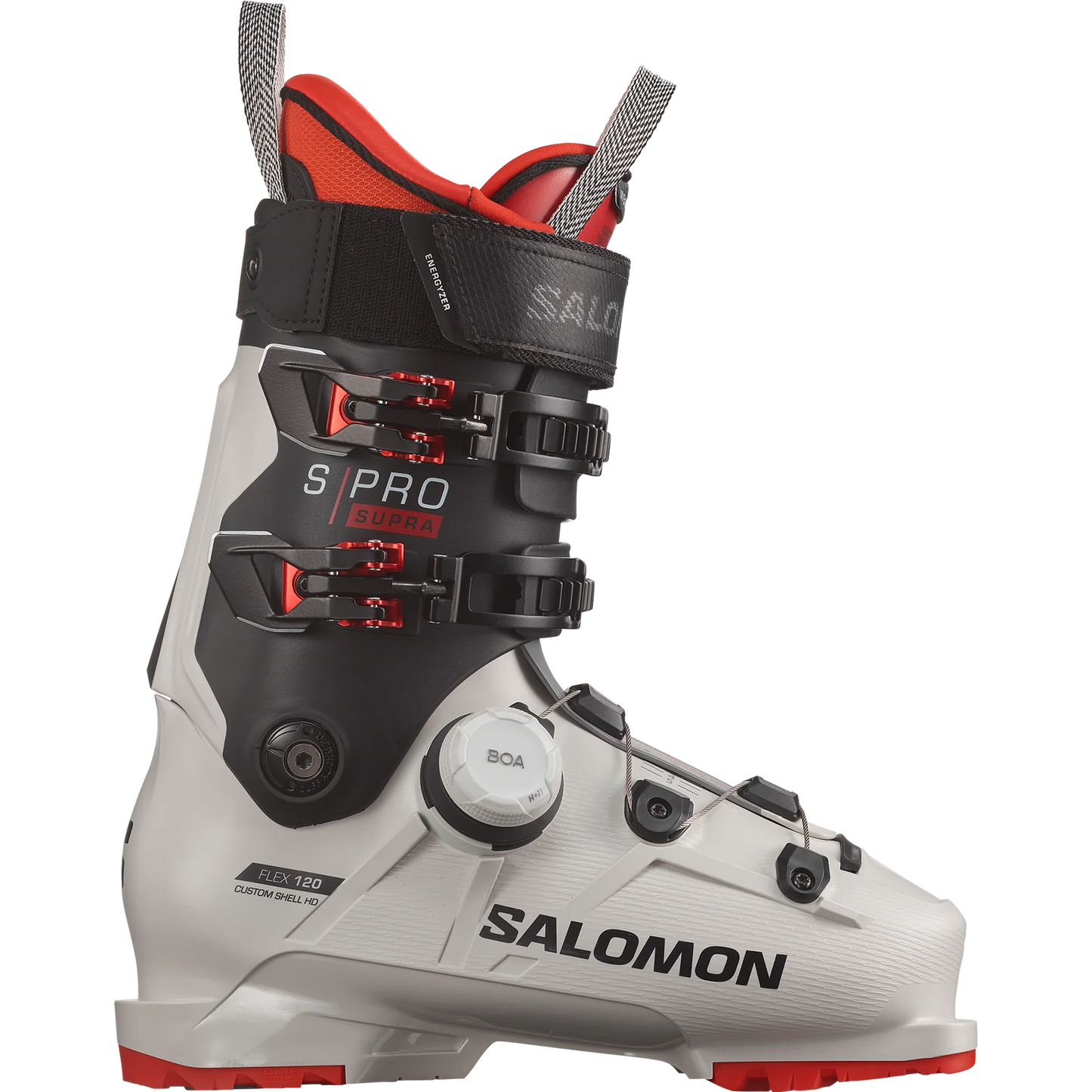 Salomon Boa ski boot with white, black, and red design on a white background