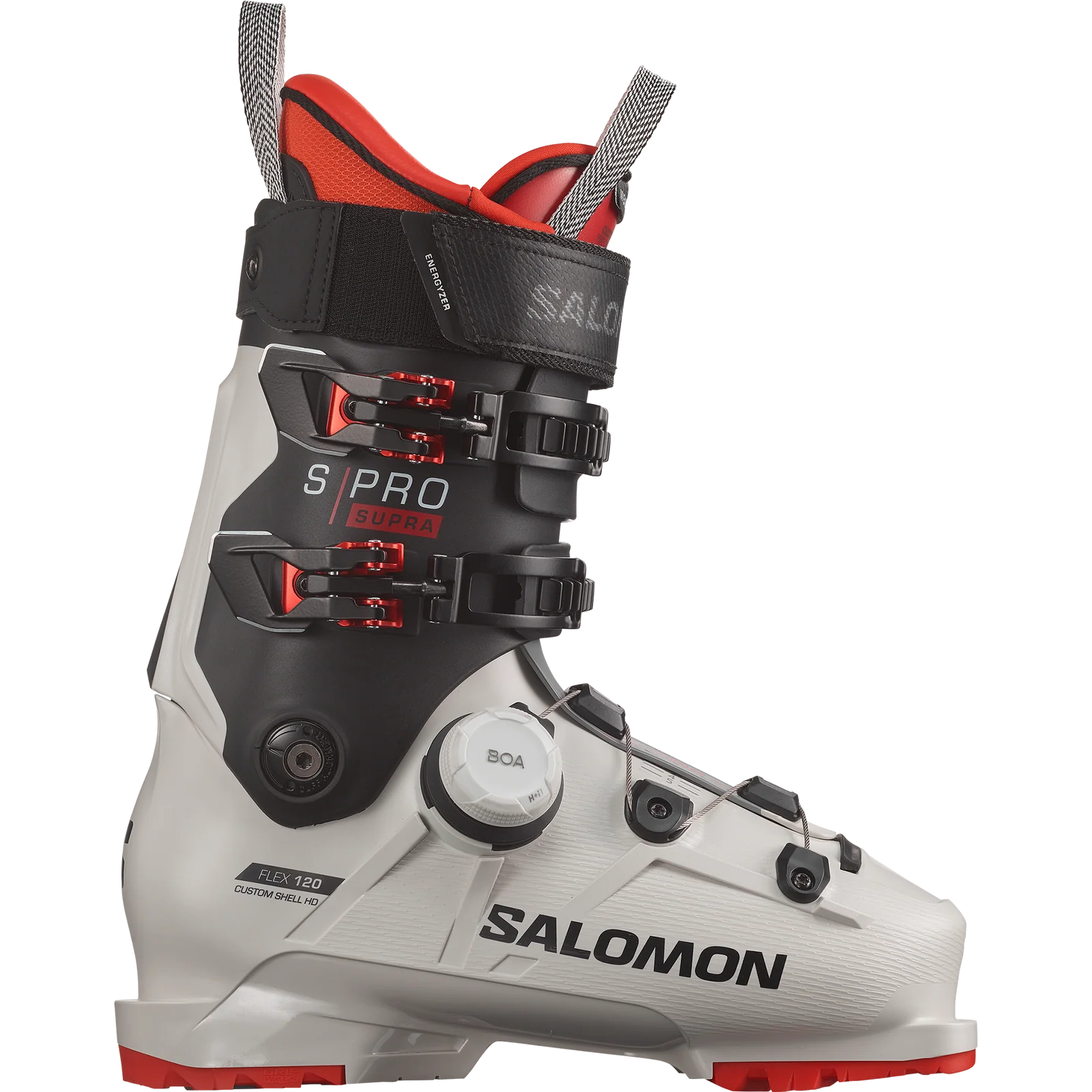 Salomon Boa ski boot with white, black, and red design on a white background