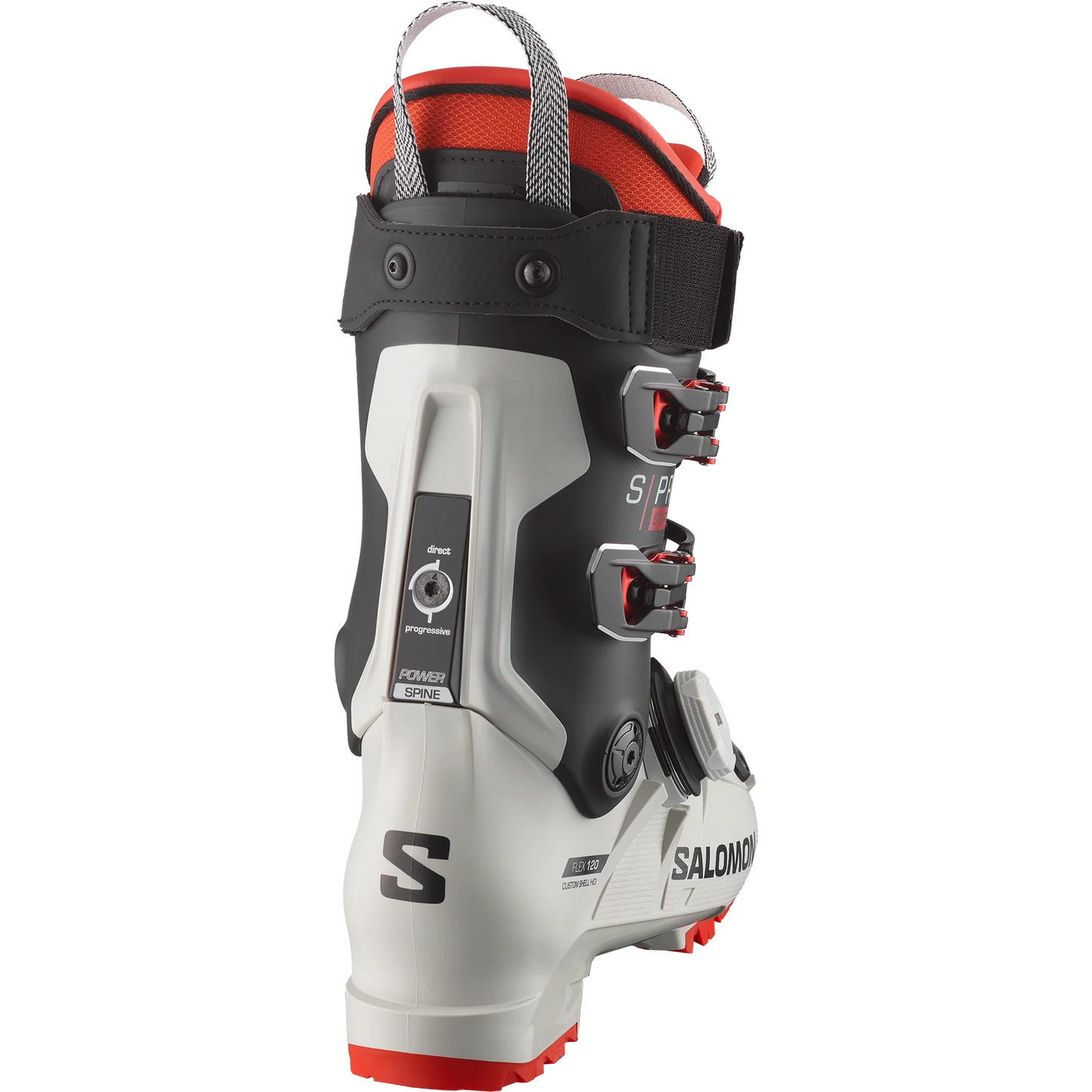 Salomon ski boot with black, grey and red Boa design on a white background