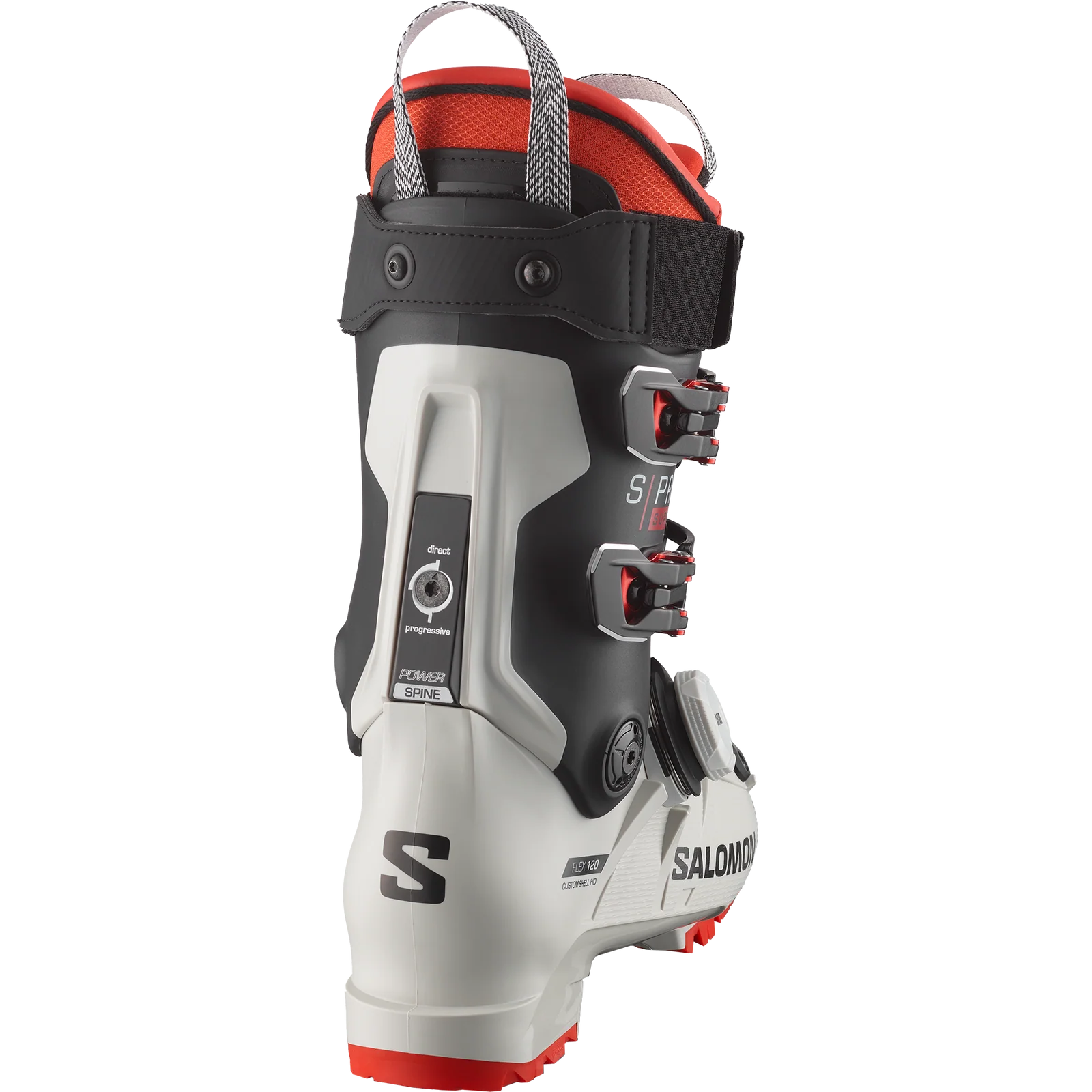 Salomon ski boot with black, grey and red Boa design on a white background